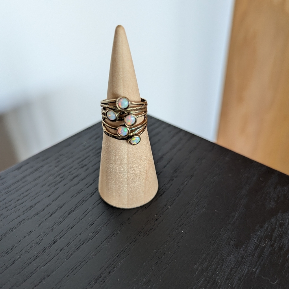 Elegant Gold Colored Ring with Triple Band Design Opal Colored Stones Size 6